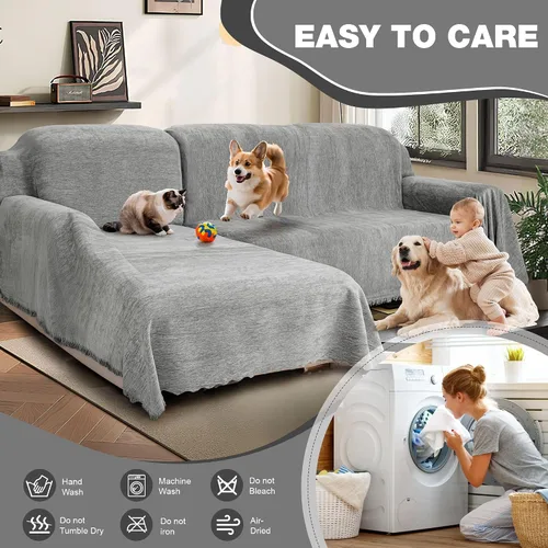 Vista 7 de juego de fundas 100% impermeables para sofá modular para perros de felpilla en forma de L, juego de manta para sofá con borlas, funda deslizante