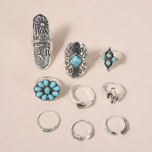 Vista 2 de Caiyao Juego de anillos retro turquesa para mujer, anillos vintage occidentales, joyería bohemia, verano, playa, anillos para adolescentes, niñas