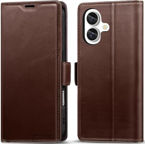 Vista 11 de KEZiHOME Funda de piel auténtica compatible con iPhone 16, con bloqueo RFID, con soporte para tarjetas, función atril magnético, funda protectora