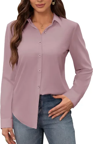Vista 11 de Siliteelon - Camisas de vestir para mujer, a prueba de manchas, sin arrugas, de manga larga, sólidas, para trabajo y negocios, con botones