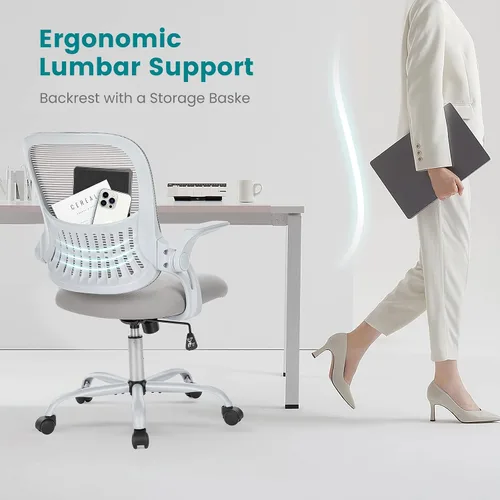 Vista 6 de DUMOS Silla de escritorio para computadora de oficina, ergonómica, de malla con respaldo medio, giratoria, con ruedas, cómodo soporte lumbar