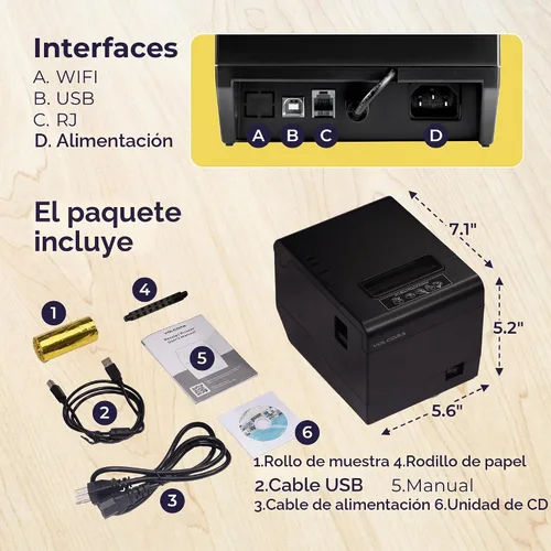 Vista 5 de Impresora de Recibos Térmica Volcora, Impresora POS de 80 mm con Cortador Automático, Interfaz USB/WiFi para Windows/MAC/Linux, Soporte de Comandos