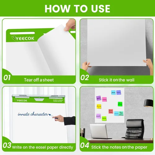 Vista 3 de YEECOK Super Sticky Easel Pad, 25 x 30 Inches, 30 Sheets/Pad, 10 Pads (300 Sheets), Thick 100gsm Flip Chart Paper, Self-Stick Anchor Chart for