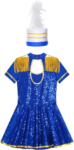 Vista 4 de MSemis Disfraz de Majorette de lentejuelas para niñas, con borlas, gorra de línea A, vestido de uniforme de maestro de anillos real