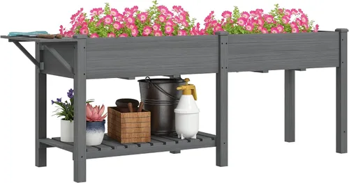 Vista 22 de Outsunny - Jardinera elevada de madera con estante de almacenamiento, orificios de drenaje y forro para el patio trasero, la terraza, el balcón, 47