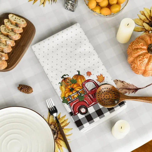 Vista 4 de Artoid Mode Juego de 2 toallas de cocina de otoño con diseño de calabaza y gnomo de búfalo, 18 x 26 pulgadas, diseño de hojas de arce estacionales