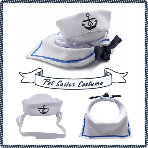 Vista 4 de NAMSAN Disfraz de marinero para mascotas, perros pequeños, conejos, sombrero de marinero de gato de Halloween con cuello de corbata, capa de Blanco