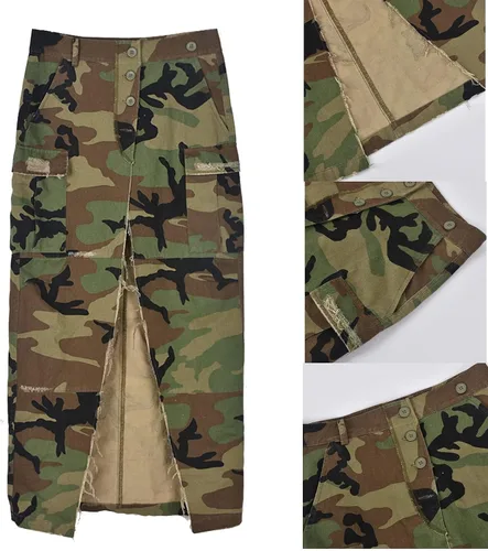 Vista 4 de Fronage Falda larga de camuflaje para mujer, con abertura militar, con botones, acampanada, con bolsillo