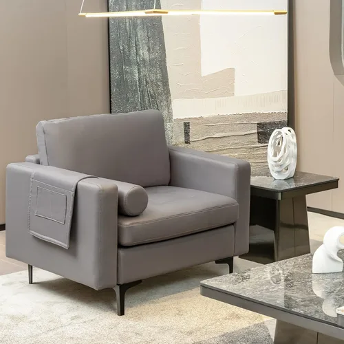 Vista 2 de Giantex Sofá individual, silla decorativa, sillón con cojín cómodo, bolsillos para revistas, sala de estar, silla de ocio tapizada para dormitorio