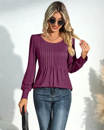 Vista 3 de Ficerd Blusa plisada de manga corta abombada para mujer, cuello redondo, elegante, casual, holgada, para primavera y verano
