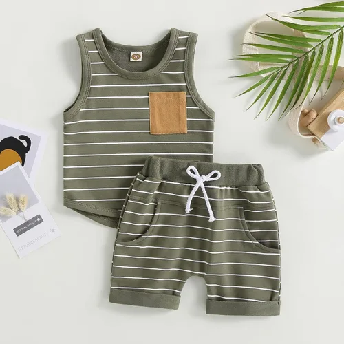 Vista 2 de Lucikamy Ropa de bebé niño sin mangas + pantalones cortos con estampado a rayas con bolsillos, 2 piezas de trajes de verano