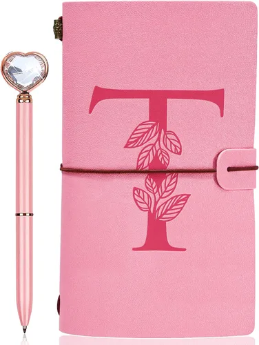 Vista 10 de Diario personalizado para regalo, diario de cuero con inicial rosa + juego de bolígrafo de corazón de diamante, cuaderno de viaje, bloc de notas
