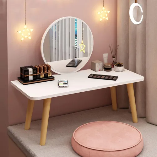 Vista 2 de LITFAD Moderno juego de tocador de madera para dormitorio, tocador de maquillaje y espejo, blanco, 24 pulgadas de largo x 14 pulgadas de ancho x 20