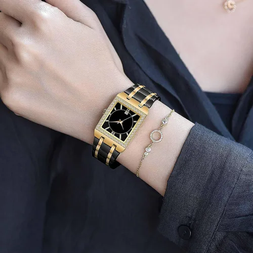 Vista 6 de CARLIEN Relojes de pulsera de acero inoxidable de lujo para mujer, bisel de diamantes, cuadrado, impermeable, calendario, analógico, reloj
