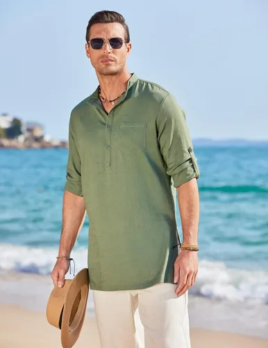Vista 5 de COOFANDY Camisas Henley de lino para hombre, manga larga, ajuste regular, camisetas de playa Kurta con bolsillo