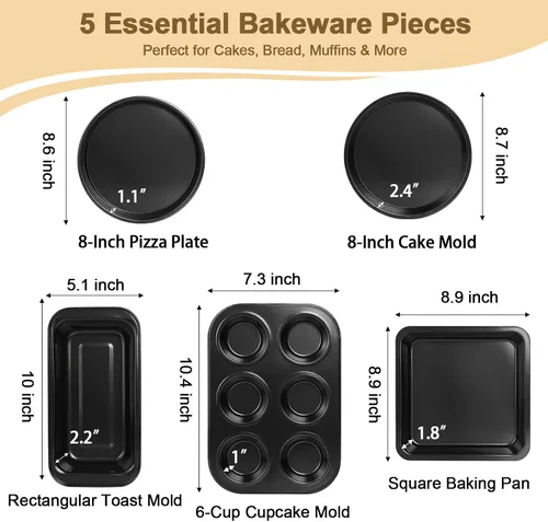Vista 2 de Juego de utensilios para horno tostador de 5 piezas, sartenes compactas antiadherentes para horno pequeño, RV y cámper, incluye muffin, pan, pizza