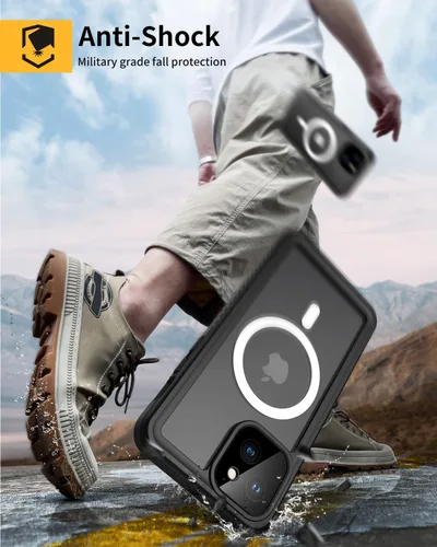 Vista 5 de Lanhiem Funda magnética para iPhone 13, impermeable, a prueba de polvo, a prueba de golpes, con protector de pantalla integrado compatible con Negro