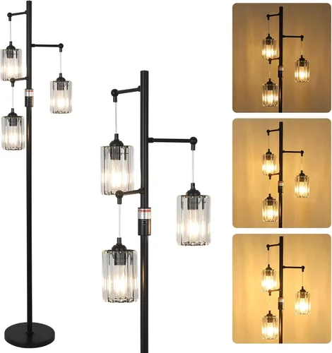 Vista 11 de Lámparas de pie de cristal dorado para sala de estar, 3 luces regulables, lámpara de pie moderna con pantalla de cristal, interruptor de atenuación