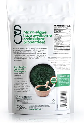 Vista 4 de Super Organics Spirulina en polvo orgánico – Superalimento verde crudo, 6 onzas Vegano, USDA orgánico, sin OMG, sin gluten, alto en proteínas