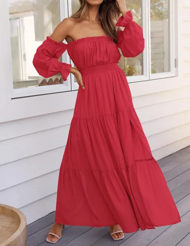 Vista 28 de ZESICA - Vestido largo, bohemio y sexy, con hombros descubiertos y manga larga fruncida, con elástico fruncido, cintura alta y abertura lateral