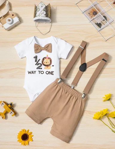 Vista 4 de DONWEN Conjunto de ropa de medio cumpleaños para bebé niño 12 Way to One con corbatín y tirantes cortos