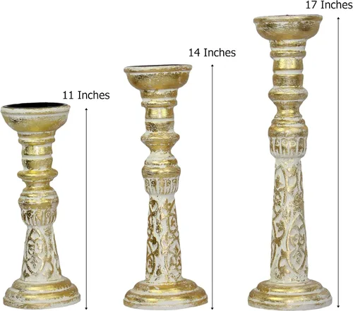 Vista 2 de Portavelas de madera maciza – Juego de 3 candelabros tallados a mano – Centro de mesa bohemio rústico para otoño, Acción de Gracias, Navidad, día