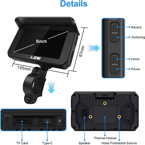 Vista 6 de LBW Carplay de motocicleta de 5 pulgadas con Dash Cam y TPS, Android Auto, cámara frontal y trasera HD 1080P (chip IMX307), sensor G, pantalla