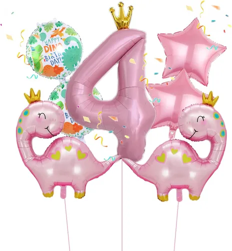 Vista 8 de 7 globos de dinosaurio con corona rosa, globos de aluminio Mylar para cumpleaños de niñas, suministros de primera fiesta color rosa