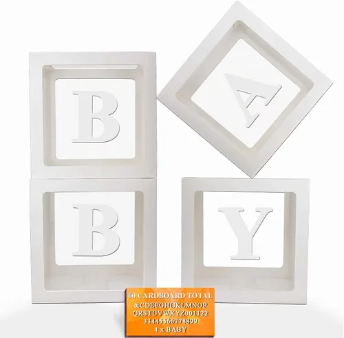Vista 11 de Ledido - Cajas de globos transparentes con 60 letras y números para nombre personalizado 4 PCS Black Clear Baby Balloon Boxes Blocks Backdrop for