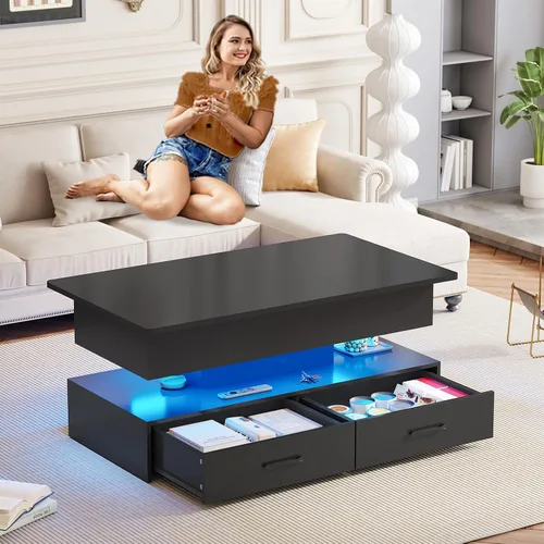 Vista 7 de SEDETA Mesa de centro elevable de 40 pulgadas, mesas de centro con almacenamiento para sala de estar, mesa de centro pequeña con 2 cajones y luz LED