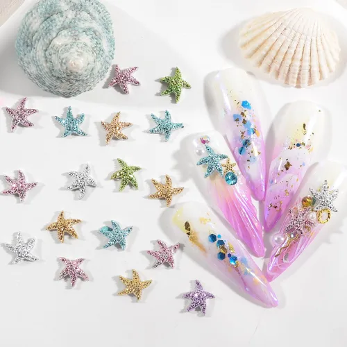 Vista 10 de Abalorios de uñas de playa de verano, decoración con temática oceánica, concha de sirena, estrella de mar, delfín, barco, aleación