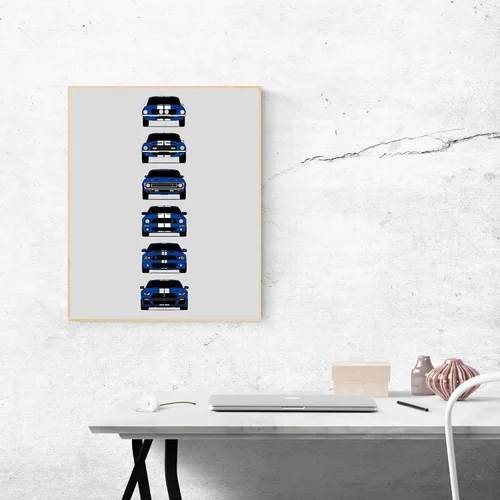 Vista 6 de Custom Car Posters Póster hecho a mano compatible con Shelby Mustang GT500 Generations e impresión de Ford Shelby GT500, azul con rayas blancas
