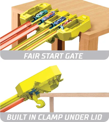 Vista 4 de Hot Wheels Juego de construcción de pistas de juguete para coche, caja de velocidad de varios carriles, 18 piezas de componentes con almacenamiento