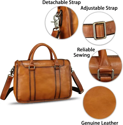 Vista 6 de Maletín de cuero genuino para hombre, bolso de hombro de cuero real vintage, bolso cruzado para computadora portátil