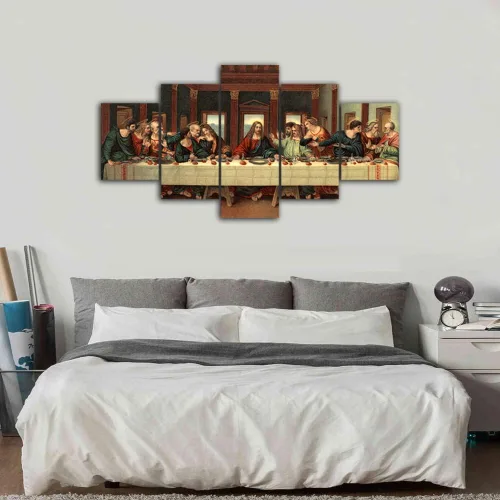 Vista 6 de Da Vinci - Póster clásico de pintura al óleo, 5 piezas, pintura de pared de la última cena, lienzo con impresión renacentista, decoración moderna