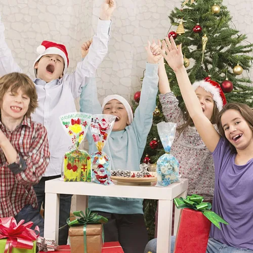 Vista 7 de ZMCINER 120 bolsas de dulces de celofán de Navidad, bolsas de regalo de Navidad con lazos giratorios para suministros de fiesta de Navidad