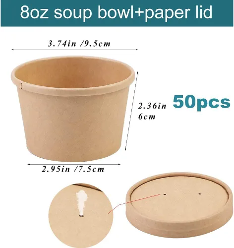 Vista 2 de Wuadua Paquete de 50 recipientes desechables de papel de 8 onzas con tapas, cuencos de sopa para llevar para fideos, ensalada, restaurante