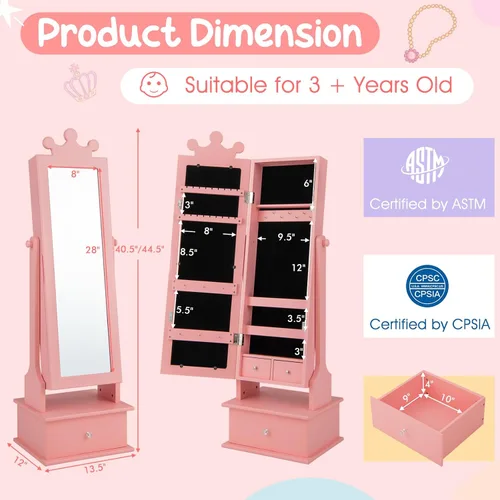 Vista 5 de Costzon Armario de joyería para niños, organizador de joyas de pie de 45 pulgadas con espejo de longitud completa, 3 cajones de almacenamiento