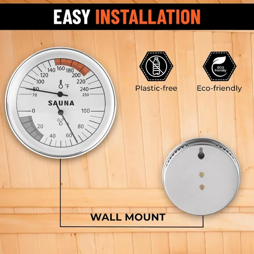 Vista 4 de Golden Wave Termómetro e higrómetro de sauna 2 en 1 – Fahrenheit (70-250°F) para salas de infrarrojos/vapor, sin baterías, montaje en pared