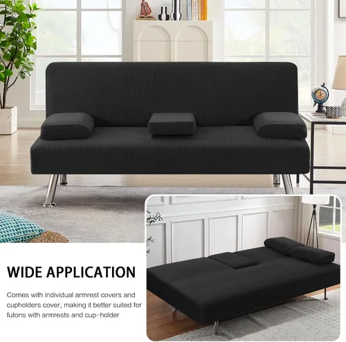 Vista 5 de LiveGo Funda para futón, 4 piezas, elásticas, para futón, sofá cama, con reposabrazos extraíbles y portavasos, protector de muebles, tela jacquard