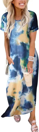 Vista 3 de ANRABESS - Vestido largo de playa de verano con bolsillos, suelto, informal, de manga corta, para mujer