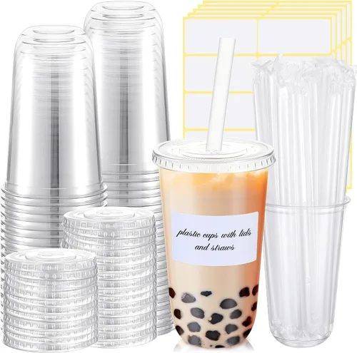 Vista 12 de Ziliny 25 juegos de vasos de plástico transparente con tapas, pajitas y pegatinas, vasos desechables de PET engrosado para café helado, té