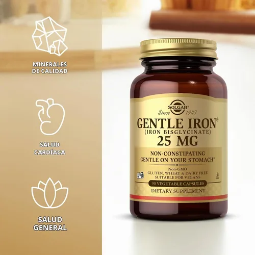 Vista 4 de Solgar Gentle Iron 25 mg, 90 cápsulas vegetales - Energía, producción normal de glóbulos rojos - Suave para el estómago - Sin OMG, vegano, sin