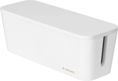 Vista 5 de Navaris Caja de ordenamiento de cables – Caja de almacenamiento de cables de bambú organizador para cables, enchufes de extensión, cargadores