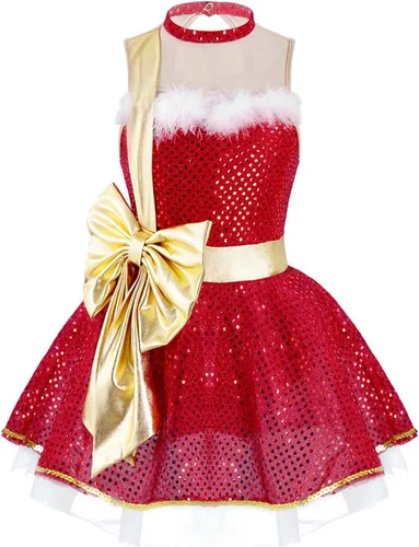 Vista 3 de Xnihocha Disfraz de fiesta de baile de Navidad para niños y niñas, con lentejuelas brillantes, figura de patinaje sobre hielo, tutú de ballet