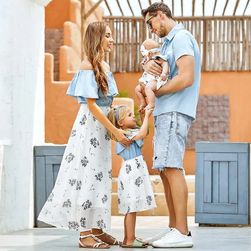 Vista 3 de PopReal Familia a juego Trajes Mamá y Me Vestidos Floral Impreso Hombres Chico Camisa Chica Mameluco