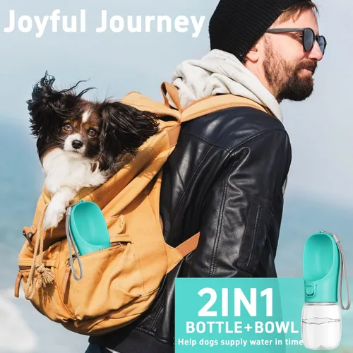 Vista 2 de Botella de agua portátil para perro con cuenco, a prueba de fugas, conveniente para caminar, senderismo y campamento (azul, 12 onzas)