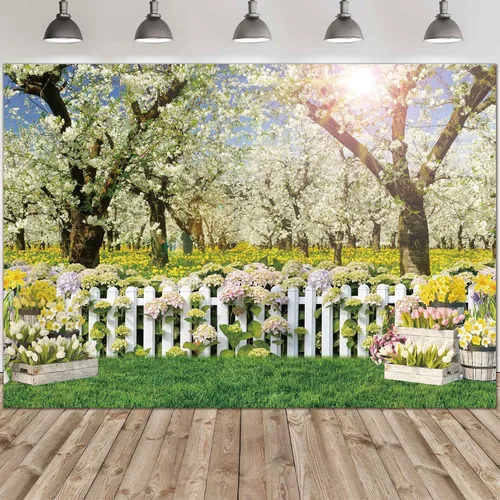 Vista 2 de Telón de fondo de primavera de poliéster de 8 x 6 pies, paisaje natural, árbol de bosque, fondo de fotografía para niños, cumpleaños, boda, baby