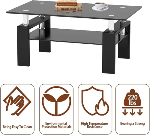 Vista 5 de IANIYA Mesa auxiliar rectangular de vidrio templado, patas de tubo de metal, mesa auxiliar para sala de estar (todo negro)
