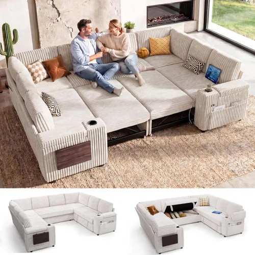 Vista 12 de WEUP Sofá cama modular de 111 pulgadas con cama extraíble, sofá de pana de felpa en forma de L de 7 asientos con diván de almacenamiento, puertos